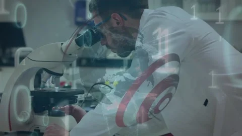 Animation of binary coding, globe and data processing over diverse scientists in Stock Footage 220378484