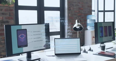 Animation of binary coding, globe and data processing over computers on desks in Stock Footage 310303481