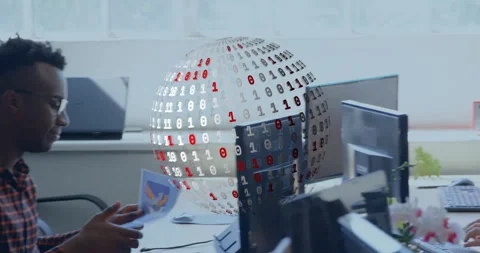 Animation of binary coding with globe over diverse business people in office Stock Footage 307471319