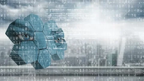 Animation of binary coding, hexagons with eyes and data processing over Video stock 236429616