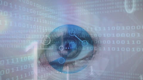 Animation of binary coding with network of connections over woman's eye Video stock 152239098