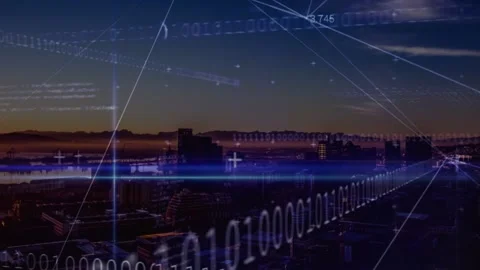 Animation of binary coding, networks of connections over cityscape Stock Footage 330593062