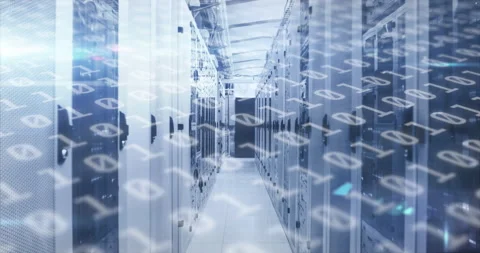 Animation of binary coding numbers changing over tech room with computer servers Stock Footage 147626816