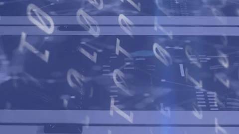 Animation of binary coding numbers changing over tech room with computer servers Stock Footage 312418712