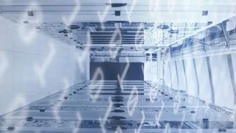 Animation of binary coding numbers changing over tech room with computer servers Video stock 312610045