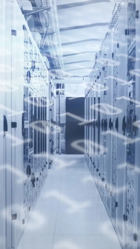 Animation of binary coding numbers changing over tech room with computer servers Video stock 323682163