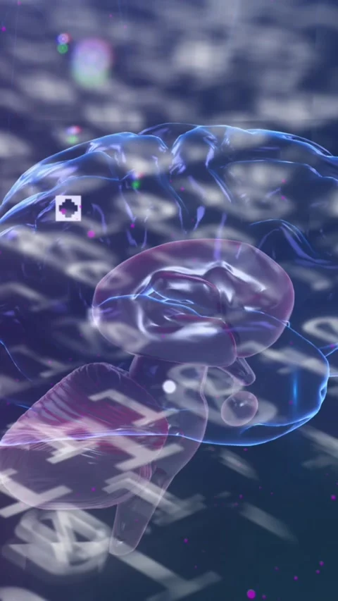 Animation of binary coding numbers changing with human brain spinning Stock Footage 331646387