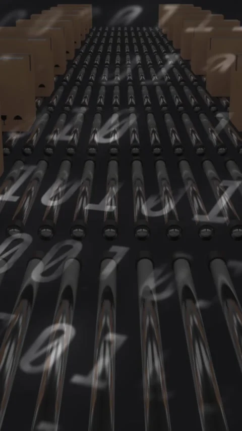 Animation of binary coding numbers changing over cardboard boxes on conveyor Video stock 331649540