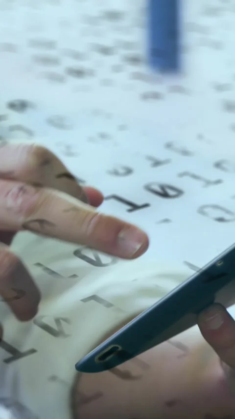 Animation of binary coding numbers changing over woman using tablet 스톡 동영상 343079593