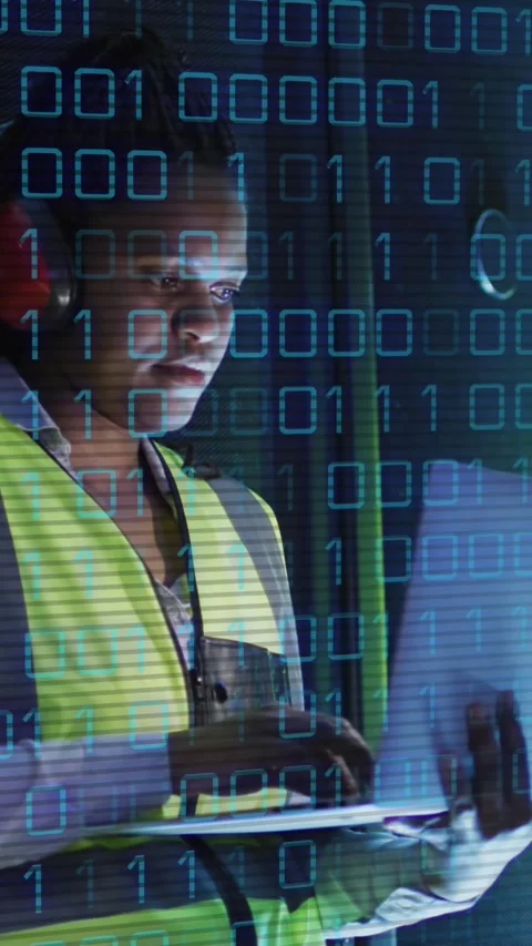 Animation of binary coding over african american male it engineer and computer Stock Footage 323899843