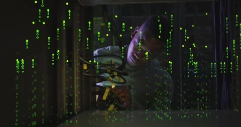 Animation of binary coding over african american male it engineer and computer Stock Footage 328402556