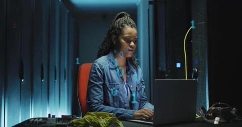 Animation of binary coding over african american female it engineer and computer Stock Footage 328919338