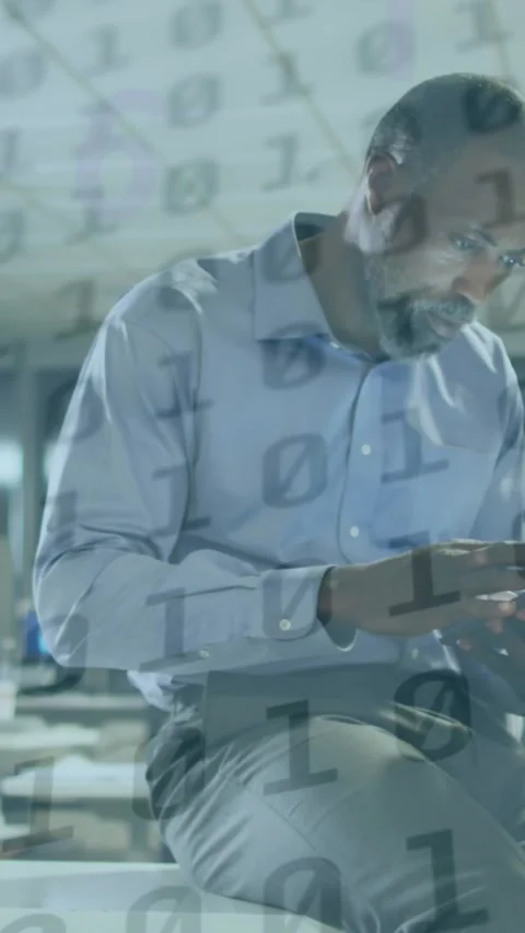 Animation of binary coding over african american businessman using smartphone Video stock 342136713