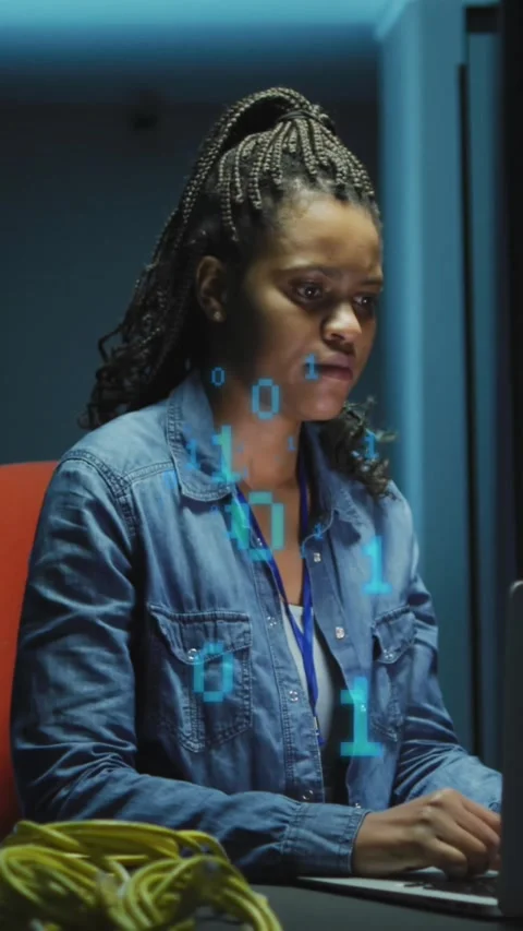 Animation of binary coding over african american female it engineer and computer 스톡 동영상 343545465
