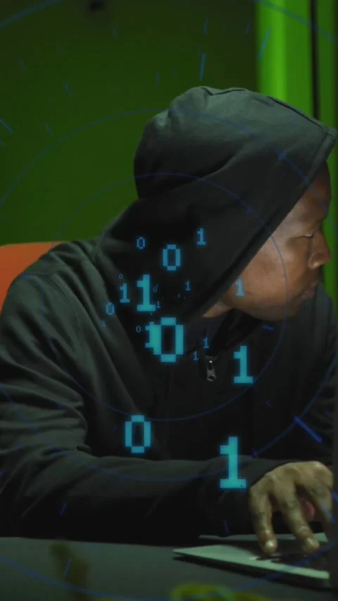 Animation of binary coding over african american male hacker with computer and Video stock 343545466