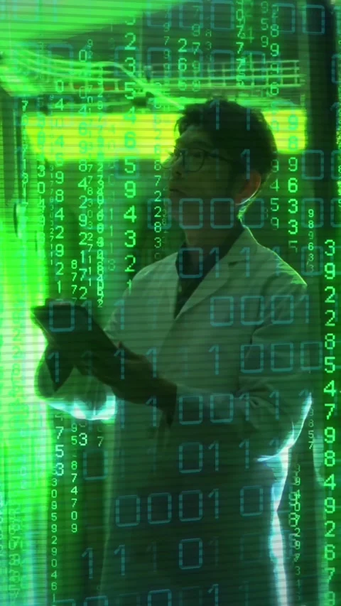 Animation of binary coding over asian man by computer servers Stock Footage 342595018
