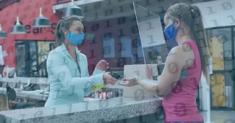 Animation of binary coding over caucasian female worker with face mask Stock Footage 170772756