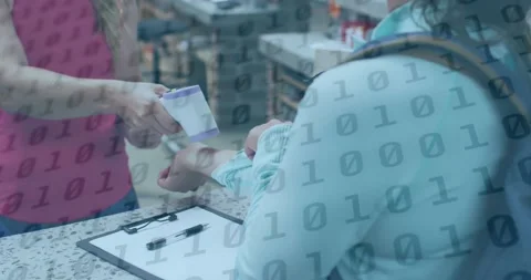 Animation of binary coding over caucasian female worker with face mask taking Stock Footage 170772802