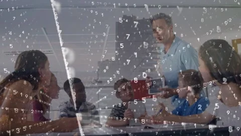 Animation of binary coding over caucasian male teacher teaching group of diverse Stock Footage 201683025