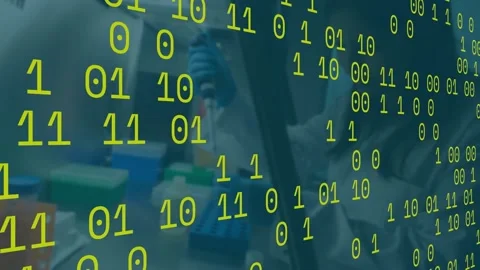 Animation of binary coding over caucasian female scientist working at the Stock Footage 203869573