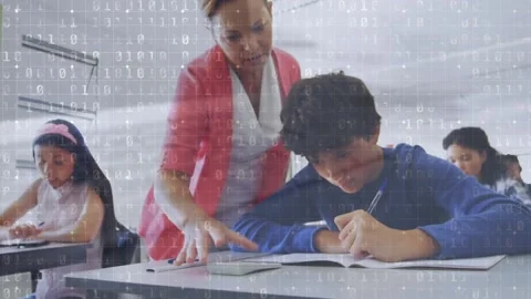 Animation of binary coding over caucasian female teacher teaching caucasian boy Stock Footage 203883646