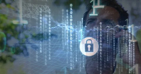 Animation of binary coding over caucasian man talking on smartphone against Stock Footage 329225777