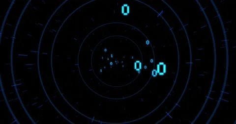 Animation of binary coding over circles on black background Stock Footage 171530096