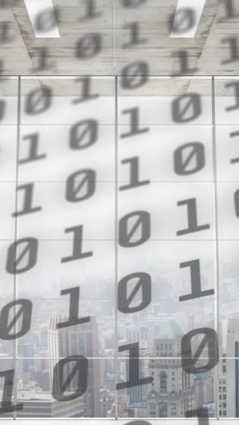 Animation of binary coding over cityscape Video stock 342097814
