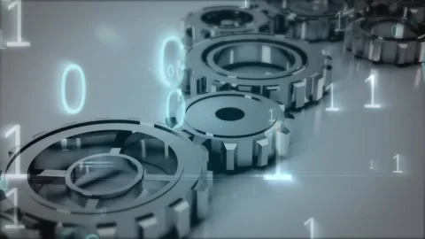 Animation of binary coding over cogs on white backgorund Stock Footage 327272736