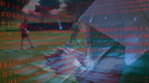 Animation of binary coding over diverse football players on stadium Stock Footage 325963666