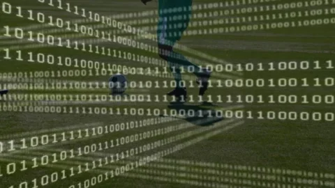 Animation of binary coding over diverse football players on stadium Video stock 326627866