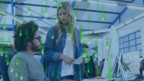 Animation of binary coding over diverse business people talking in office Stock Footage 329167219