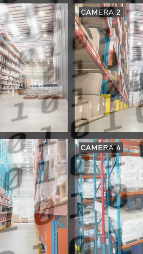 Animation of binary coding over empty warehouse Video stock 342315789