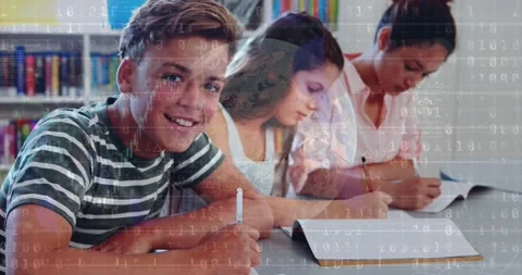 Animation of binary coding over a globe against caucasian boy studying at school Stock Footage 230188115
