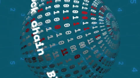 Animation of binary coding over globe with block chain texts Stock Footage 312798189