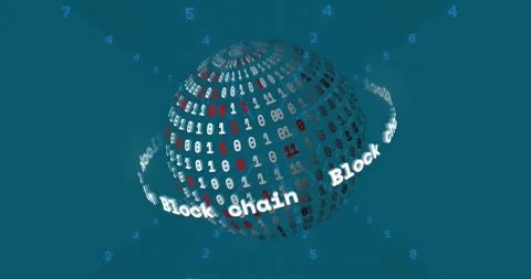 Animation of binary coding over globe with block chain texts Stock Footage 327196397