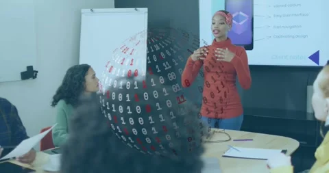 Animation of binary coding over globe against african american woman giving a Stock Footage 328311826