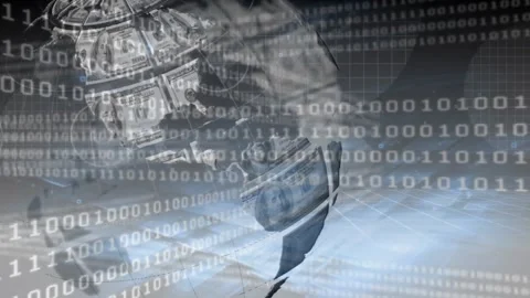 Animation of binary coding over globe of american dollar bills spinning on grey Stock Footage 329296593