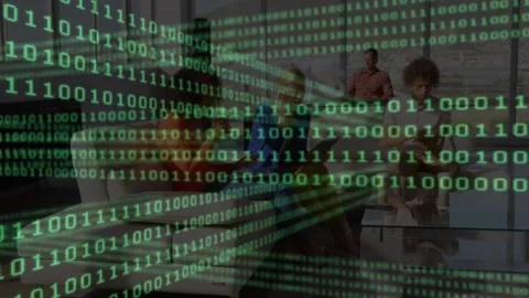 Animation of binary coding over group of diverse colleagues discussing together Stock Footage 229659962