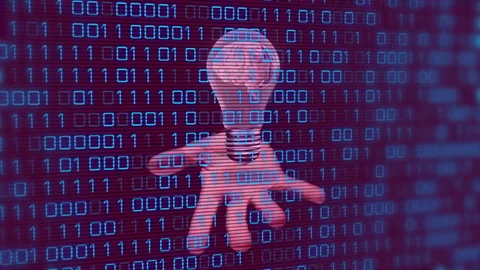 Animation of binary coding over hand with lightbulb with spinning brain Stock Footage 307664192