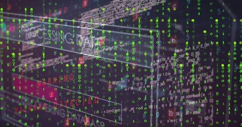 Animation of binary coding over interface with data processing against black Stock Footage 327847780