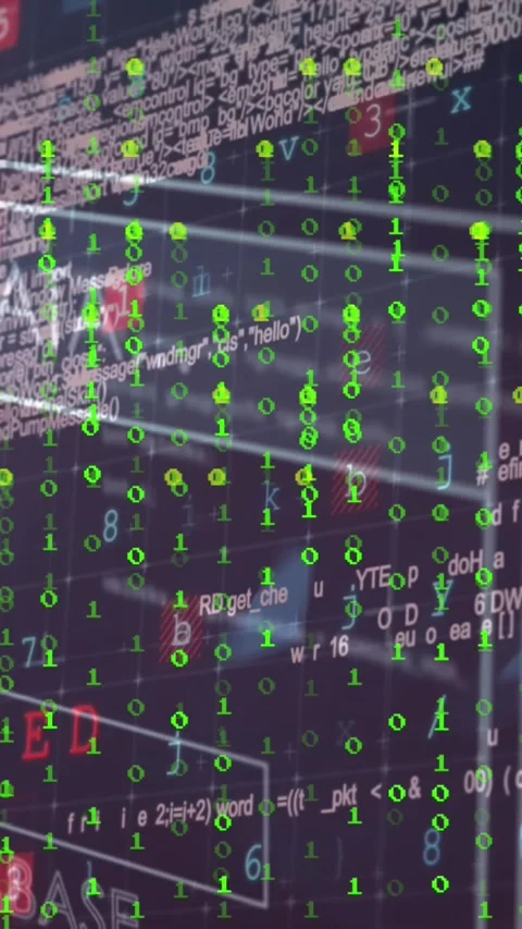 Animation of binary coding over interface with data processing against black 스톡 동영상 343887852