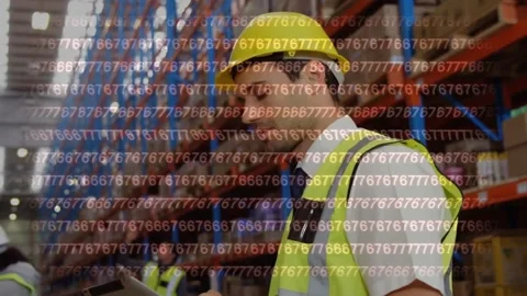 Animation of binary coding over male warehouse worker Stock-Footage 159241649