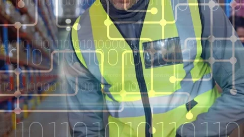 Animation of binary coding over male warehouse worker Stock-Footage 159241661