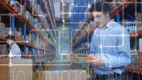 Animation of binary coding over male warehouse workers Stock-Footage 159241696