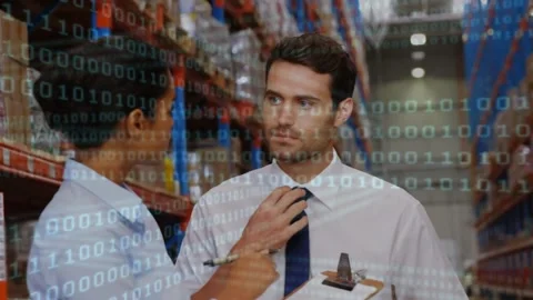 Animation of binary coding over male and female warehouse workers Stock-Footage 159241700