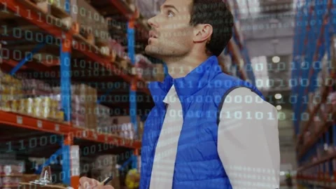 Animation of binary coding over male warehouse worker Stock-Footage 159241706