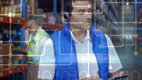 Animation of binary coding over male warehouse workers Stock-Footage 159241723