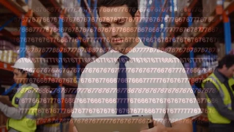 Animation of binary coding over male and female warehouse workers Stock-Footage 159241744