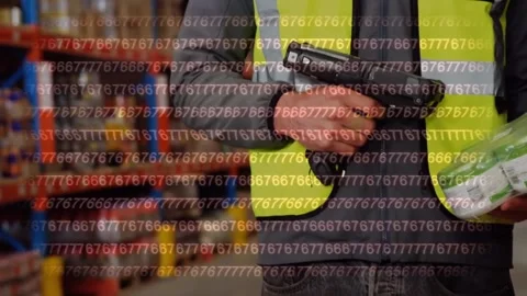 Animation of binary coding over male warehouse worker Stock-Footage 159241772